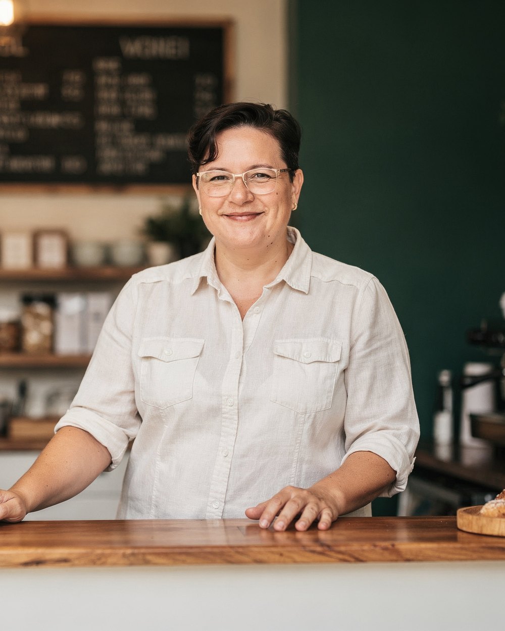 A bakery owner behind her counter, smiling toward the room.