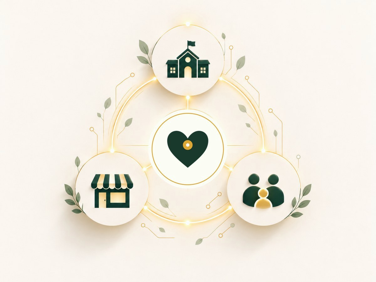 A school, a local business and a family, connected around the LocalCircuits heart.