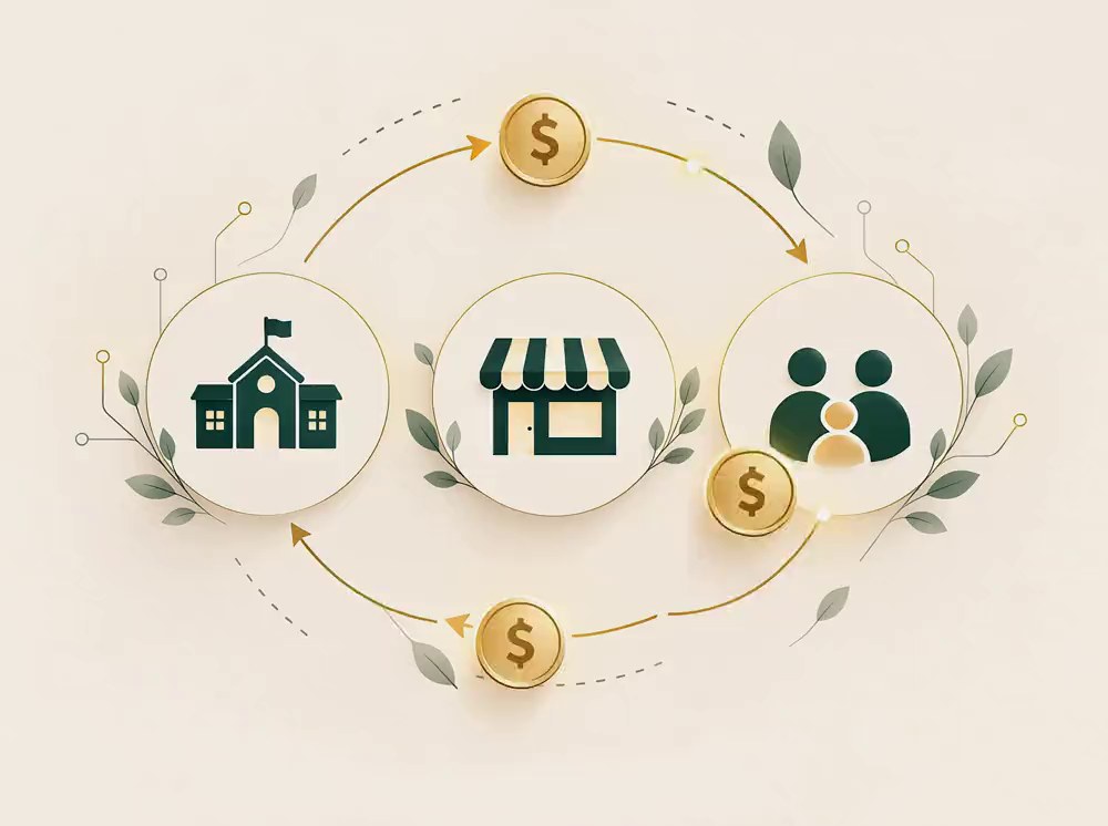 Value moving between a school, a local business and a family, staying in the community.