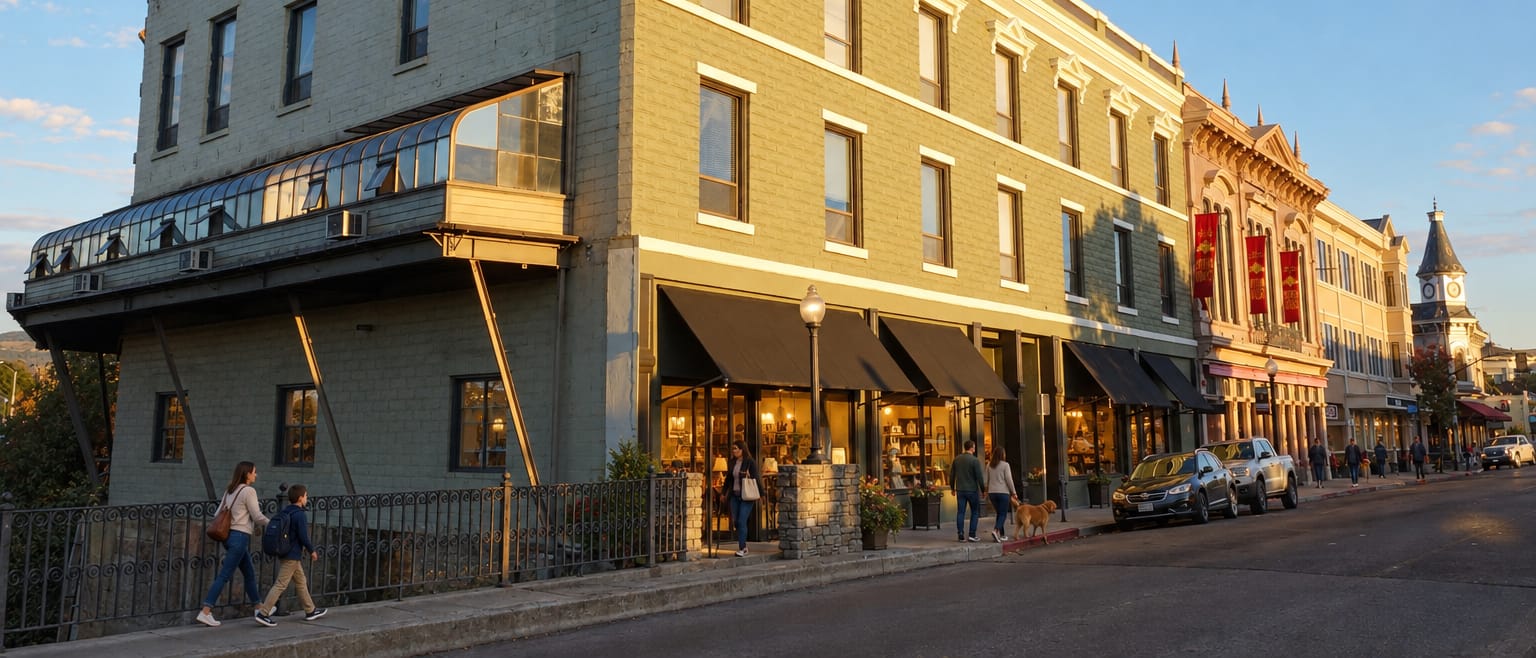 Neighbors walking past the shops on Main Street in downtown Napa in the late afternoon.